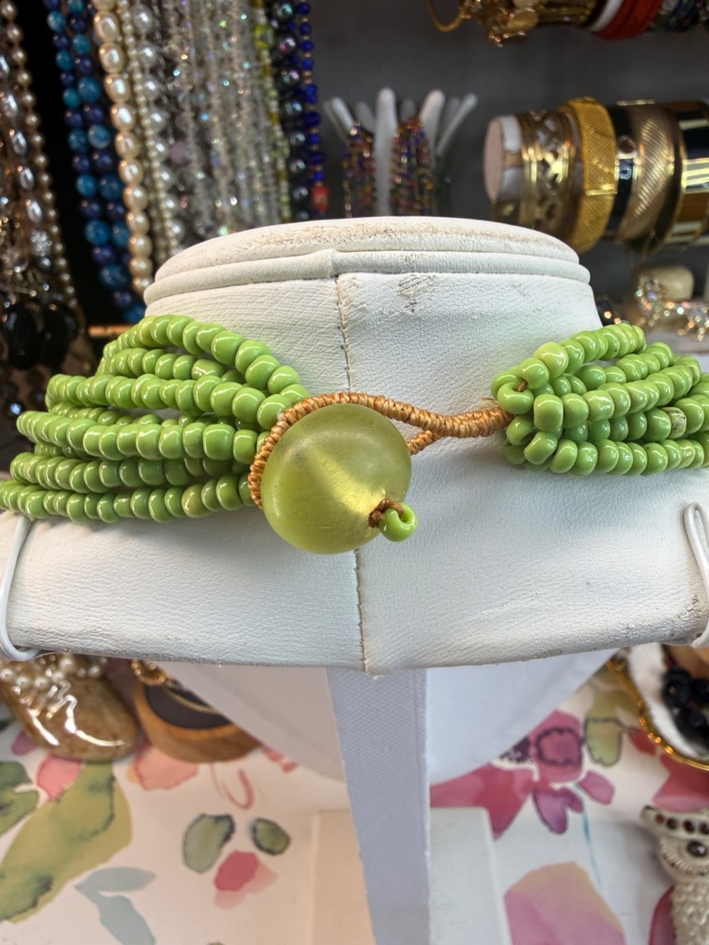 Artisan Glass Lime Green Multi-Strand Beaded Sees bead 16” Necklace - Picture 3 of 4